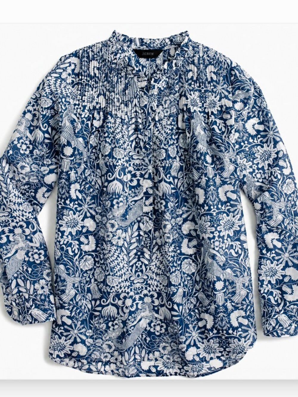J.CREW Collection Silk-Cotton Smocked Ruffle-Neck Top in Mermaid Floral 4